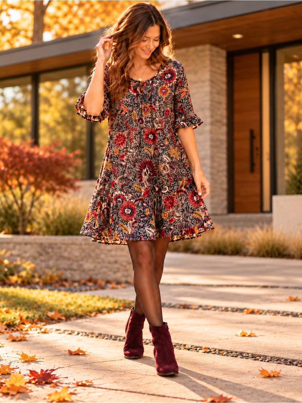 Madewell Dark Floral Tassel Keyhole Fit & Flare Dress M